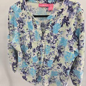 Woman Within Floral French Lilac Print Linen Blend Button Down Shirt Large
